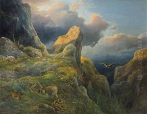 Ankommender Bartgeier In Abendlicher Heroischer Gebirgslandschaft Mit Verungluckter Gemse