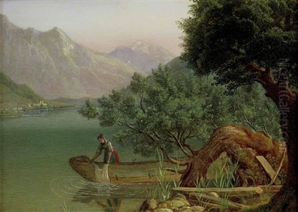 Idealisierte Salzkammergut-seelandschaft Mit Wascherin In Zille - view 1