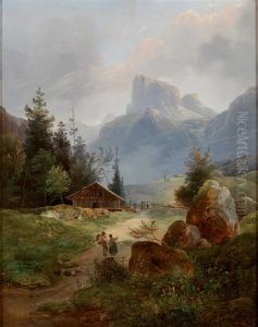 Prachtvolle Gebirgslandschaft Mit Aufragendem Massiv, Im Vordergrund Alm Mit Figurenstaffage by Wilhelm Steinfeld
