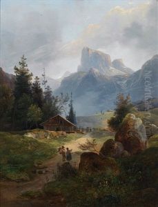 Gebirgslandschaft Mit Aufragendem Massiv, Im Vordergrund Alm Mit Figurenstaffage
