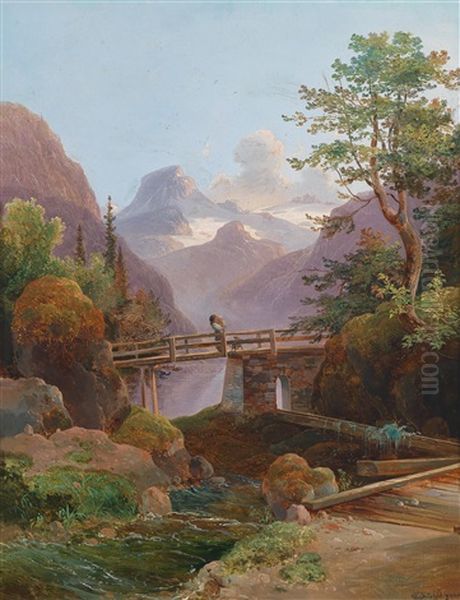 Hochgebirgslandschaft Mit Einer Mutter Und Ihrem Kind Als Staffage Auf Einem Steg - view 1