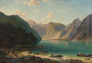 Alpine Landscape. Watering The Cows by Wilhelm August Theodor von Steinhausen