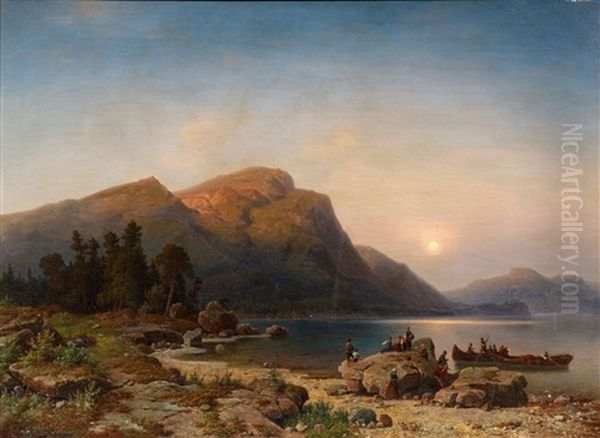 Sunset On The Banks Of A Mountain Lake - view 1