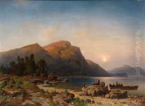 Sunset On The Banks Of A Mountain Lake by Heinrich Steinike