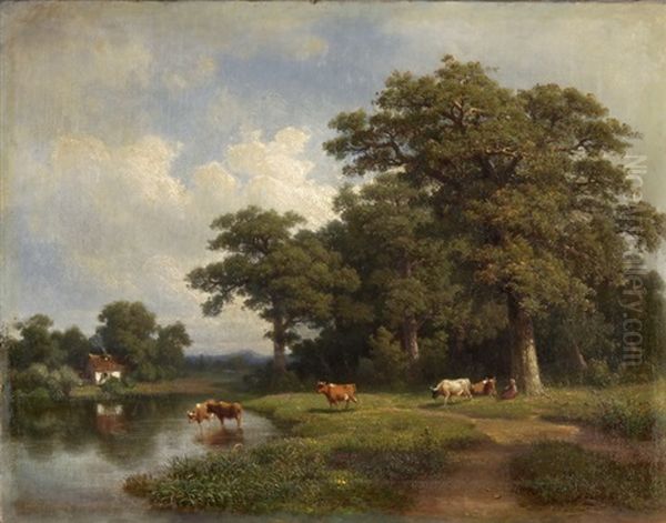 Kuhe An Der Tranke Vor Baumlandschaft - view 1