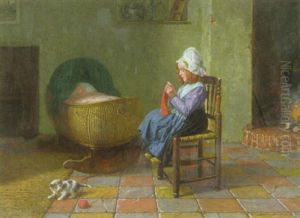 Kleines Madchen Beim Stricken In Der Stube Neben Einer Wiege Mit Einem Saugling