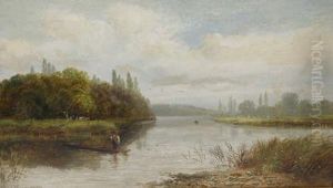 River Landscape With Figures On A Punt, And Thecompanion Picture One Signed Lower Left