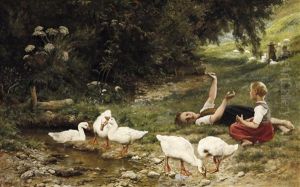 Madchen Mit Gansen Am Bachufer by Heinrich Stelzner