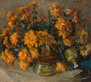 Gelber Chrysanthemenstraus In Kupfergefas
