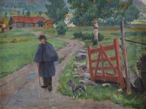 Mann Og Hund I Landskap by Gudmund Stenersen