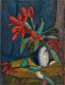 Rote Blumen In Weisem Krug Rote Blumen In Weisem Krug
