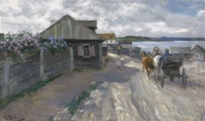 Village On The Riverbank by Aleksei Stepanovich Stepanov