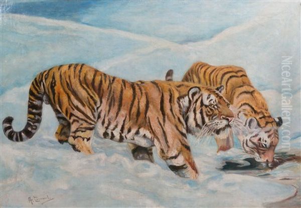 Zwei Sibirische Tiger An Einer Wasserstelle In Winterlicher Landschaft - view 1