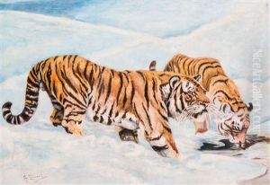 Winter Landscape With Two Tigers by Alexeij Stepanowitsch Stepanow