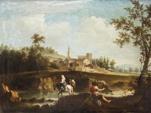 Idealisierte Sudlandische Flusslandschaft Mit Dorf Idealisierte Sudlandische Flusslandschaft Mit Dorf
