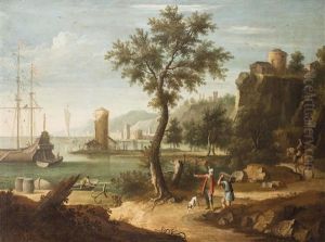 Idealisierte Sudlandische Hafenlandschaft Mit Personenstaffage Idealisierte Sudlandische Hafenlandschaft Mit Personenstaffage