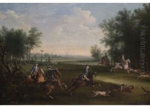 Jagdgesellschaft Des Kurfursten Max Iiii. Joseph Bei Schloss Furstenried Mit Stadtkulisse Von Munchen by Joseph Stephan
