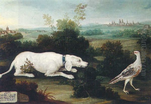 An Open Landscape With A Dog Stalking A White Pheasant, A Bavarian City Beyond - view 1