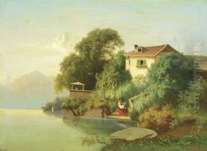 Landscape Depicting Lake Traunsee, Austria With Mother And Child On Cottage Steps At Water's Edge, Mountains In The Distance Landscape Depicting Lake Traunsee, Austria With Mother And Child On Cottage Steps At Water's Edge, Mountains In The Distance