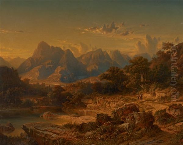 Gebirgslandschaft Mit Kleinem See Und Figurenstaffage - view 1