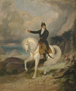 Equestrian Portrait Of The Duke Of Wellington, With Troops And A Coastal Landscape Beyond by James Stephanoff
