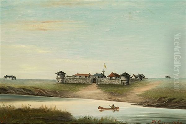 Indian Chief Paddling Past Fort Garry - view 1