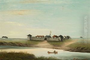 Indian Chief Paddling Past Fort Garry