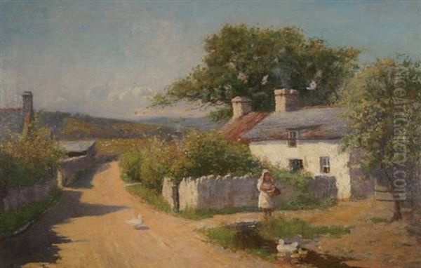 Cottage Scene With Girl By A Lane With Ducks - view 1