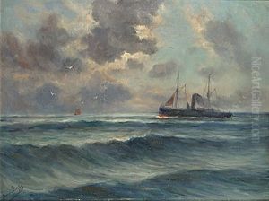 Stoomschip En Zeilboten Op Zee by Romain Steppe