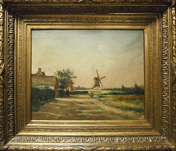 Man Met Hooikar In Een Landschap Met Molen - view 1