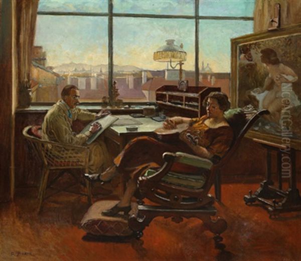 Im Atelier, Zeichnen Und Musizieren - view 1