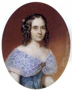 A Young Lady In Pale Blue Silk Dress, Wide Lace Stole Pinned At Corsage With Jewel-set Gold Brooch And Long Chain, White Flowers In Her Plaited Brown Hair Dressed In Ringlets by Karoly Sterio