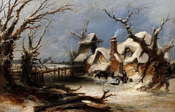 Winter Landscape With Figures Before A Cottage And Windmill In Snow - view 1