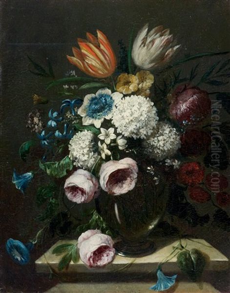 Still Life Of Flowers In A Glass Vase On A Stone Plinth - view 1