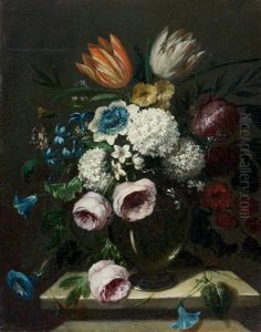 Still Life Of Flowers In A Glass Vase On A Stone Plinth