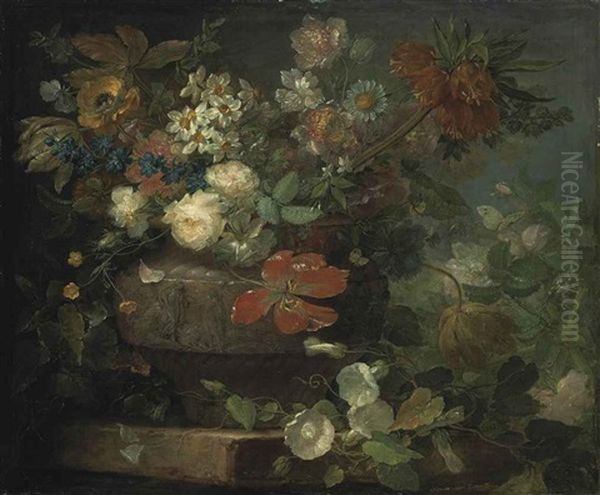 Red And White Roses, Tulips, Blossom And Other Flowers, In A Sculpted Vase, On A Stone Ledge - view 1