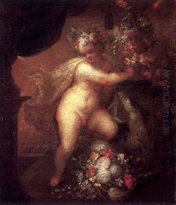 A Putto And A Dog Amongst Two Urns With Flowers With An Elegant Garden Beyond