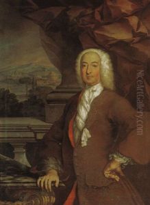 Portrait Of Richard Du Cane Wearing A Brown Embroidered Coat, His Right Hand Resting On A Table