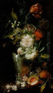 Red And White Roses, Tulips, Anemones, Blossom And Other Flowers In A Glass Vase With Peaches On A Table by Ludovico Stern