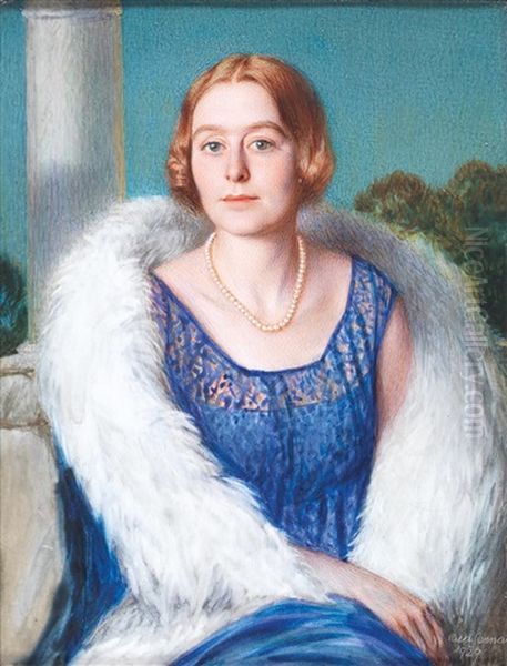 A Portrait Of A Lady In A Blue Lace Dress With A Feather Boa - view 1