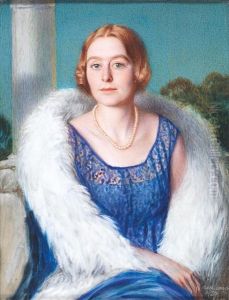 A Portrait Of A Lady In A Blue Lace Dress With A Feather Boa by Rudolf Sternad