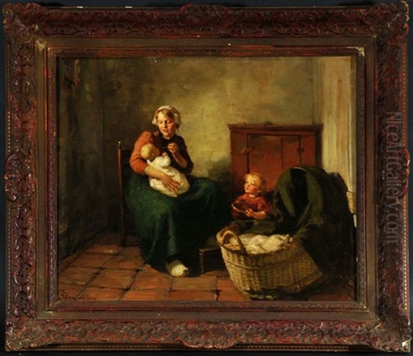 Stubenszene Mit Mutter Und Ihren Beiden Kindern - view 1