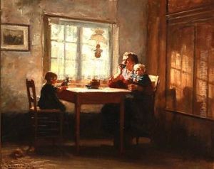 Interior With A Mother And Her Two Children by Jacobus Frederik Sterre De Jong