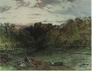 A Wooded River Landscape At Sunset by Charles Branwhite