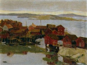 Nordische Landschaft Mit Roten Holzhausern by Martha Stettler