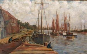 A Busy Dock Side Scene by Nathan Cooper Branwhite
