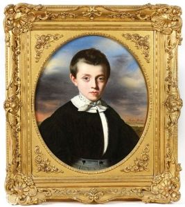 Portrait De Jeune Garcon Aux Yeux Bleus, Avec Une Cravate A Pois Bleus Et Motifs Fleuri