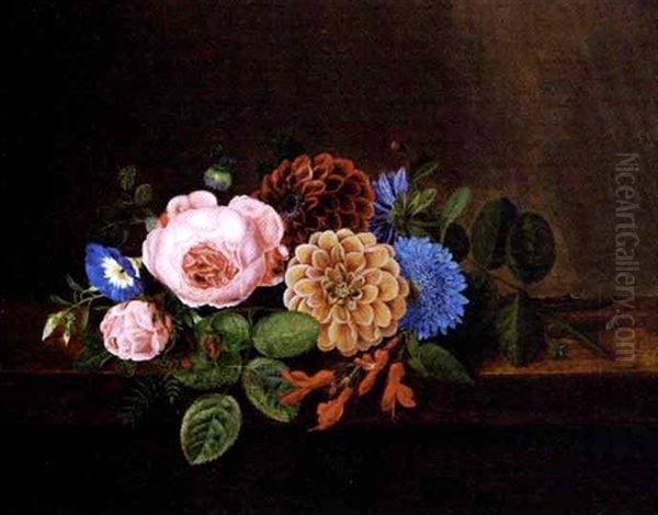 Opstilling Med Roser, Georginer Og Fuchsia Pa En Karm - view 1