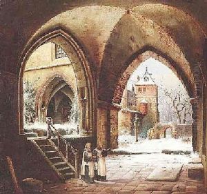 Blick In Den Kreuzgang Eines Klosters Mit Zwei Monchen by Wilhelm Steuerwald