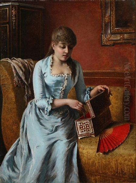 Young Girl With A Jewellery Case And A Fan Seated On A Chaise Longue - view 1